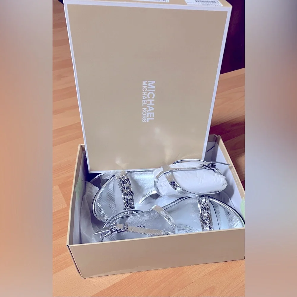 Michael Kors Silver High Heel Leather Sandal - Chain Front/Strappy/Size 7